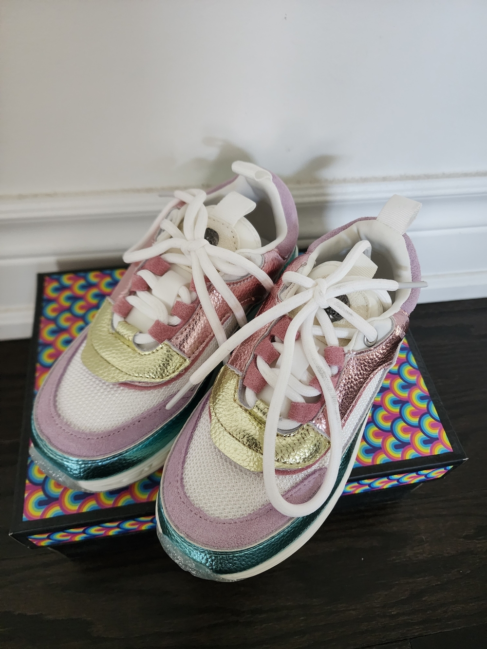 Kurt Geiger Metallic Pink, Gold, Teal and Cream Platform Sneakers